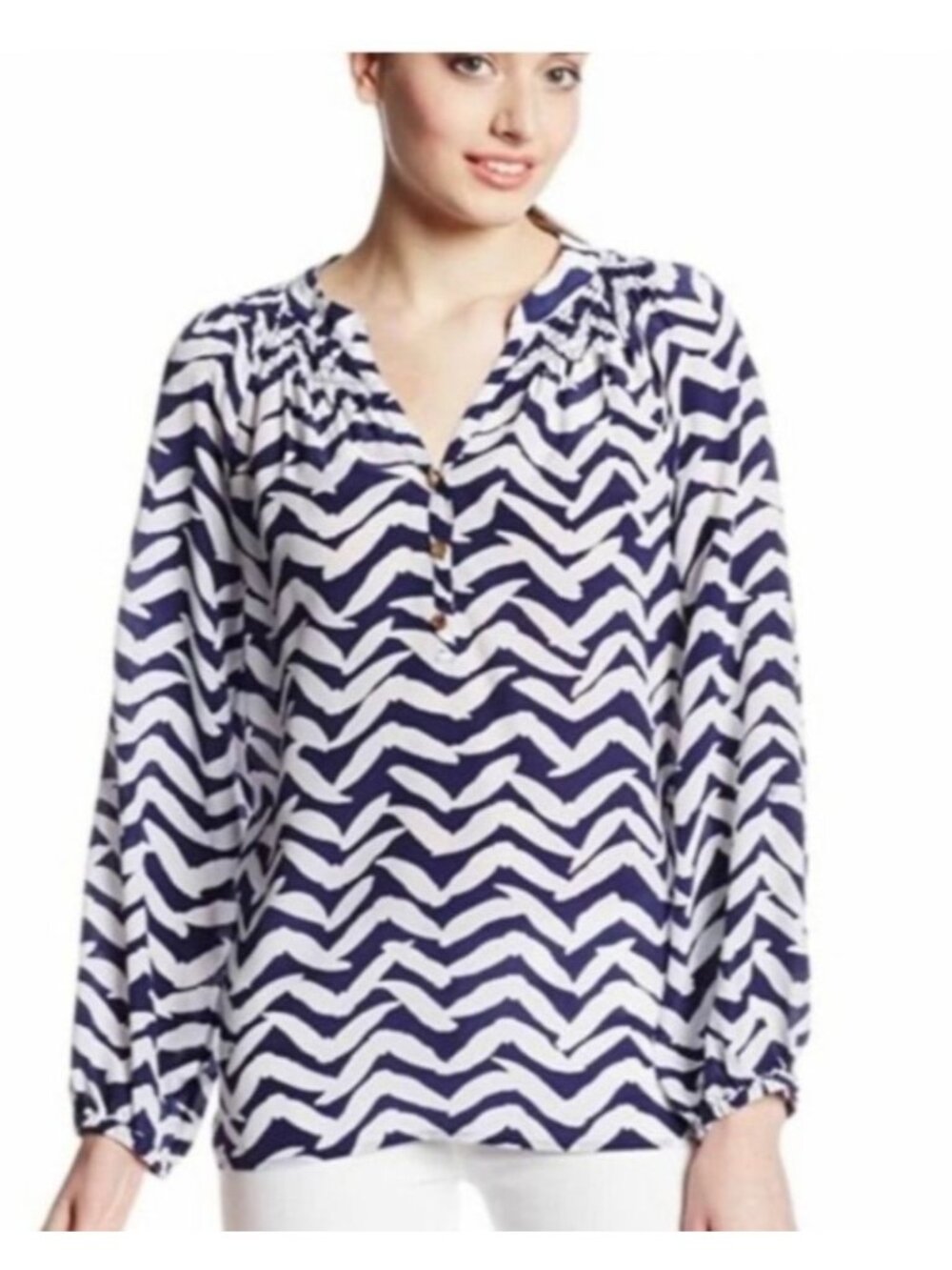 Lilly Pulitzer Elsa Silk Blouse Small Navy White Chevron Bird Print Top EUC‎